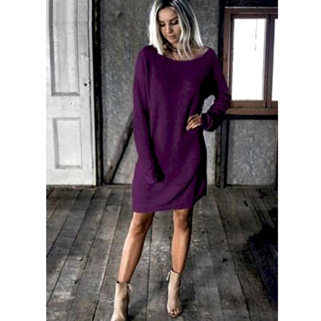 New Fashion Women O Neck Long Sleeve Dress Solid Color Loose Dress Ladies Casual Warm Mini Dress Winter