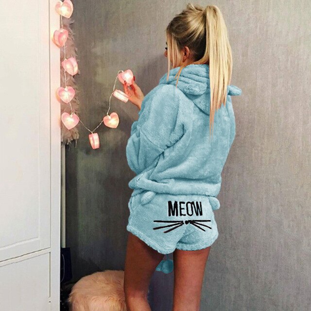 Women Coral Velvet Suit Two Piece Autumn Winter Pajamas Warm Sleepwear Cute Cat Meow Pattern Hoodies Shorts Set 2018 New