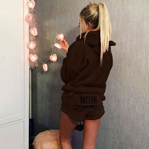 Women Coral Velvet Suit Two Piece Autumn Winter Pajamas Warm Sleepwear Cute Cat Meow Pattern Hoodies Shorts Set 2018 New