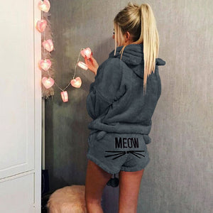 Women Coral Velvet Suit Two Piece Autumn Winter Pajamas Warm Sleepwear Cute Cat Meow Pattern Hoodies Shorts Set 2018 New