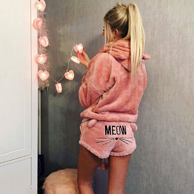 Women Coral Velvet Suit Two Piece Autumn Winter Pajamas Warm Sleepwear Cute Cat Meow Pattern Hoodies Shorts Set 2018 New