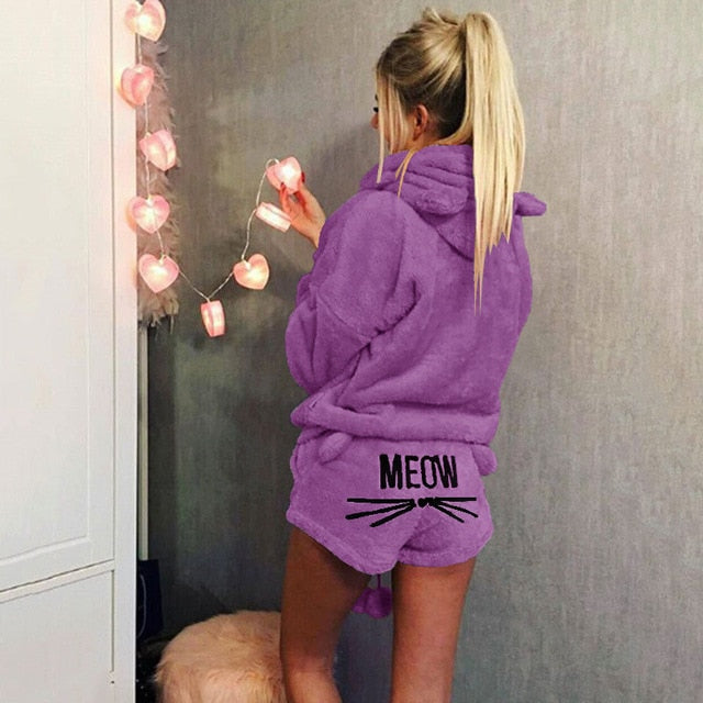 Women Coral Velvet Suit Two Piece Autumn Winter Pajamas Warm Sleepwear Cute Cat Meow Pattern Hoodies Shorts Set 2018 New