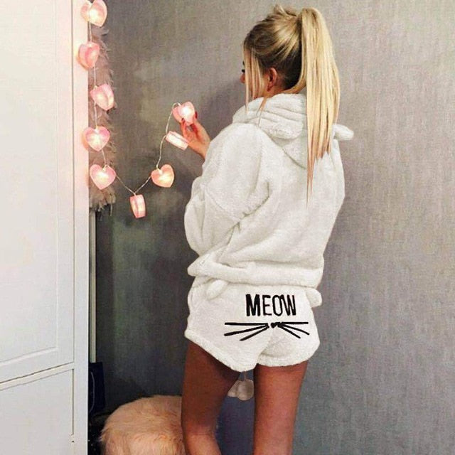 Women Coral Velvet Suit Two Piece Autumn Winter Pajamas Warm Sleepwear Cute Cat Meow Pattern Hoodies Shorts Set 2018 New