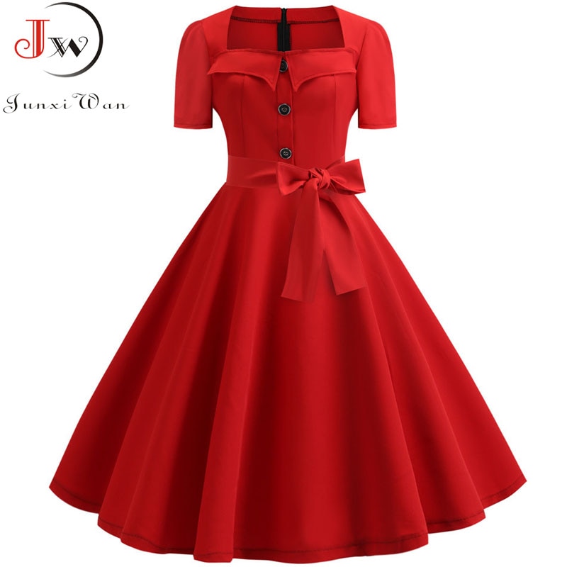 Women Summer Dress 2019 Elegant Retro Vintage 50s 60s Robe Rockabilly Swing Pinup Dresses Casual Plus Size Red Party Vestidos