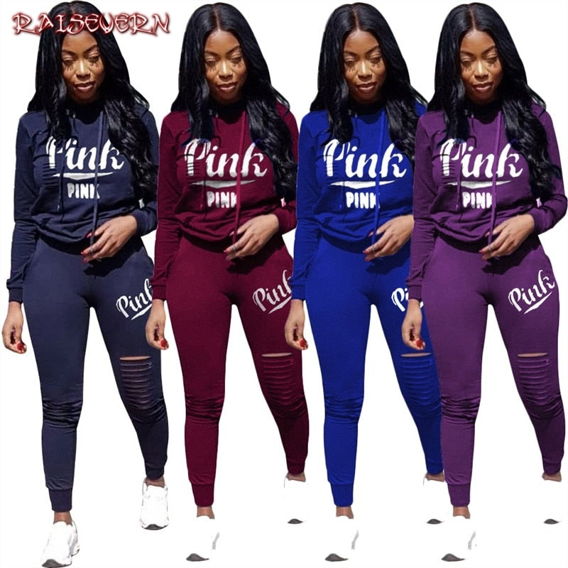 RAISEVERN New Pink Letter Print Tracksuit Women Casual Outfits 2 Two Piece Set Full Pants Suits Plus Size Clothing Autumn