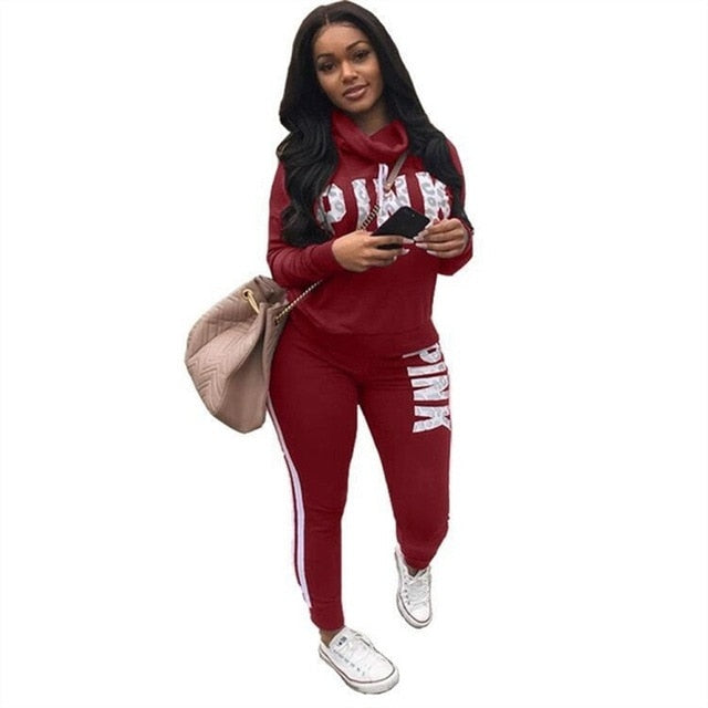 RAISEVERN New Pink Letter Print Tracksuit Women Casual Outfits 2 Two Piece Set Full Pants Suits Plus Size Clothing Autumn