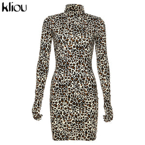 kliou autumn Sexy Leopard Print Cotton Long Sleeve With Gloves Bodycon Mini Dress Women 2019  Christmas Party elegant Dress