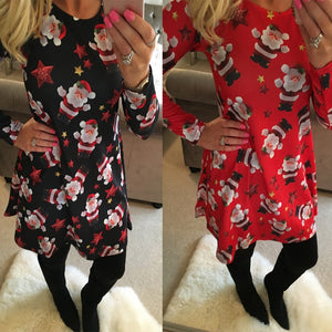 S-5XL Plus Size Tunic Autumn Women Dresses Casual Cartoon Print Christmas Dress Casual Loose Long Sleeve Party Dress Vestidos