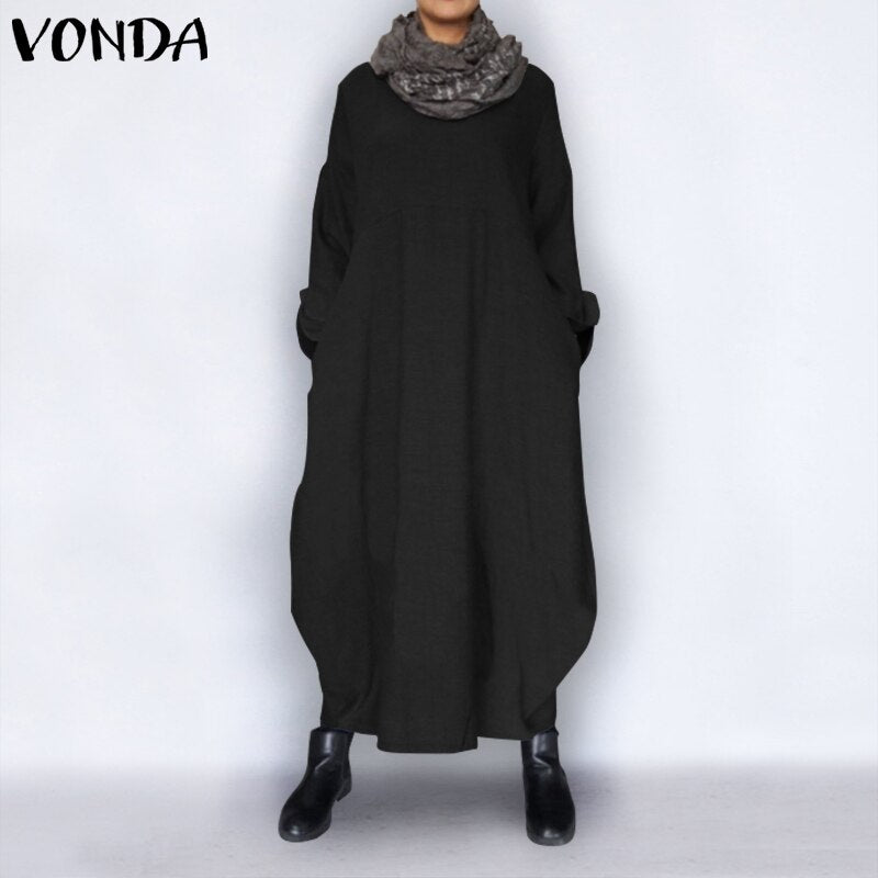 VONDA Plus Size Autumn Dress 2019 Vintage Sexy Long Sleeve Party Maxi Long Dress Casual Loose Vestidos Robe Femme S-5XL