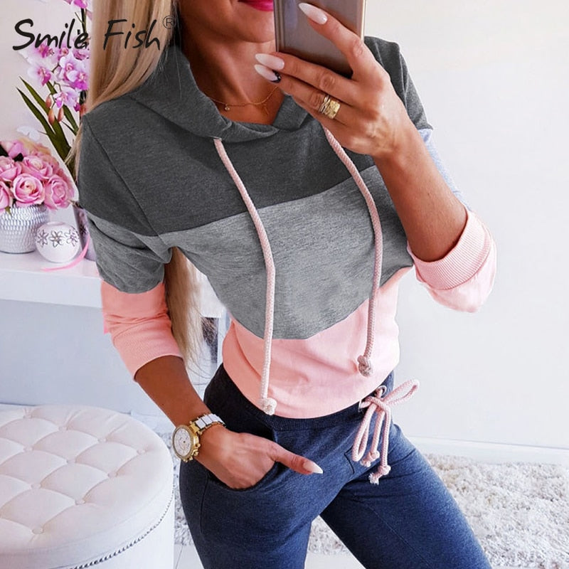 Women Hoodie Femme Thin Slim Basic Jumper Harajuku 2019 New Casual Autumn Shirts Long Sleeve Top Hooded Hoodies Pactchwork GV714