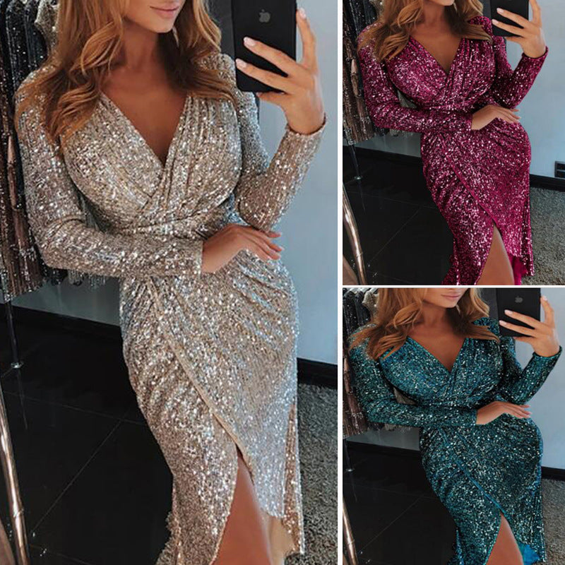 Rose Gold Sequin Party Dress Shiny Ruched Thigh Slit Dress Sukienka Deep V Sequin Formal Dress Women Elegant Robe Femme Ete 2019