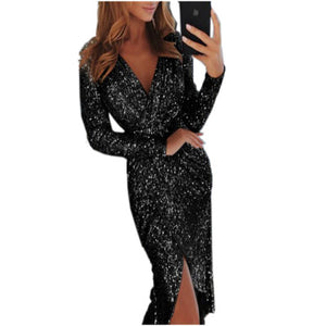 Rose Gold Sequin Party Dress Shiny Ruched Thigh Slit Dress Sukienka Deep V Sequin Formal Dress Women Elegant Robe Femme Ete 2019