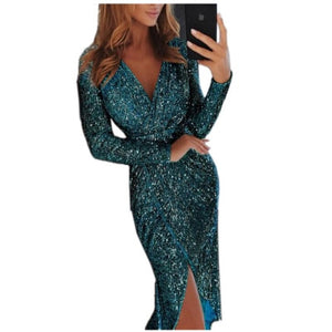 Rose Gold Sequin Party Dress Shiny Ruched Thigh Slit Dress Sukienka Deep V Sequin Formal Dress Women Elegant Robe Femme Ete 2019