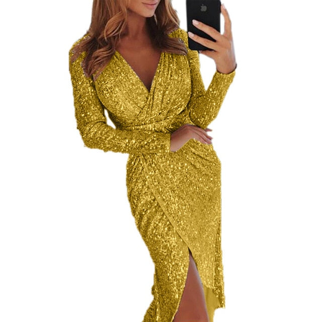 Rose Gold Sequin Party Dress Shiny Ruched Thigh Slit Dress Sukienka Deep V Sequin Formal Dress Women Elegant Robe Femme Ete 2019