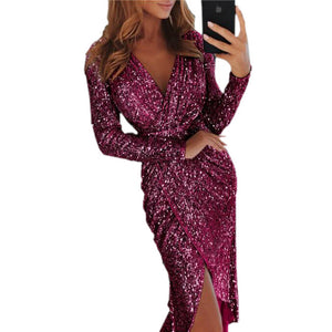 Rose Gold Sequin Party Dress Shiny Ruched Thigh Slit Dress Sukienka Deep V Sequin Formal Dress Women Elegant Robe Femme Ete 2019