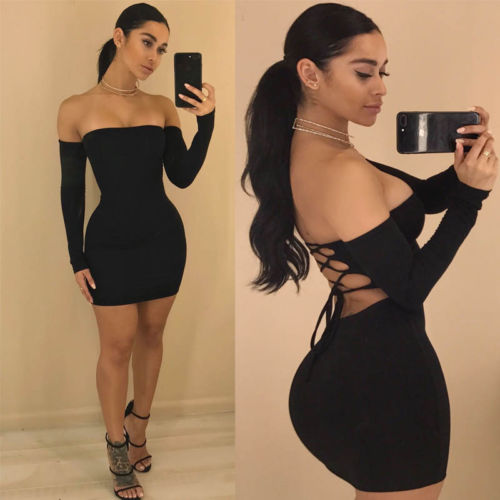 Fashion Hot dresses woman party night Women's Summer Long Sleeve Slash Neck Hollow Bandage Bodycon Night Club Party Dress