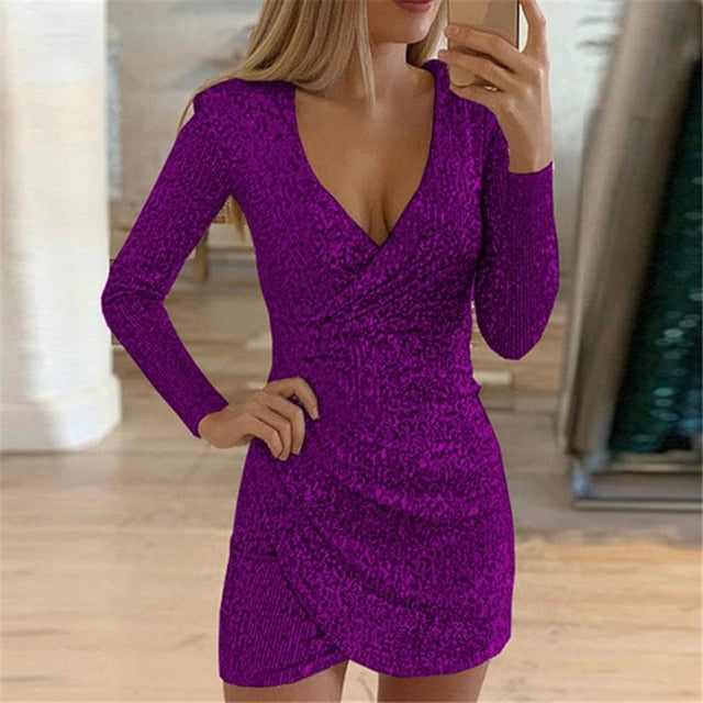 MONERFFI Sexy Backless Gold Sequin Women Dress Long Sleeve Bodycon Mini  Party Short Dress Package Hip Sheath Vestidos