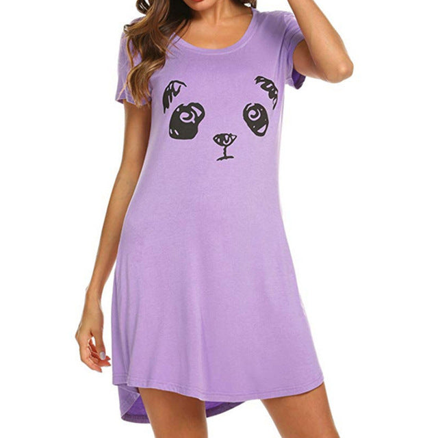 Women Cute Cat Print Skirt Short Sleeve Round Collar Printing Dress Nightgown for Home Sleeping Loose Casual Cartoon Dress