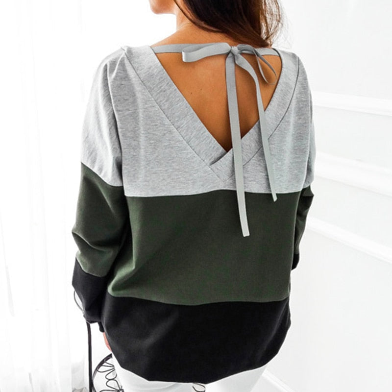 Sexy Backless Lace-up Women Sweatshirt plus size Autumn Patchwork Pullovers Hoodies Casual Sweatshirt Long Sleeve ladiesTops