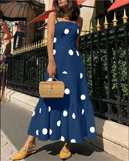 Hot Fashion Women's Summer Boho Polka Dot Strappy Long Evening Party Dress Women Sleeveless polka dot street wear Dress Sundress