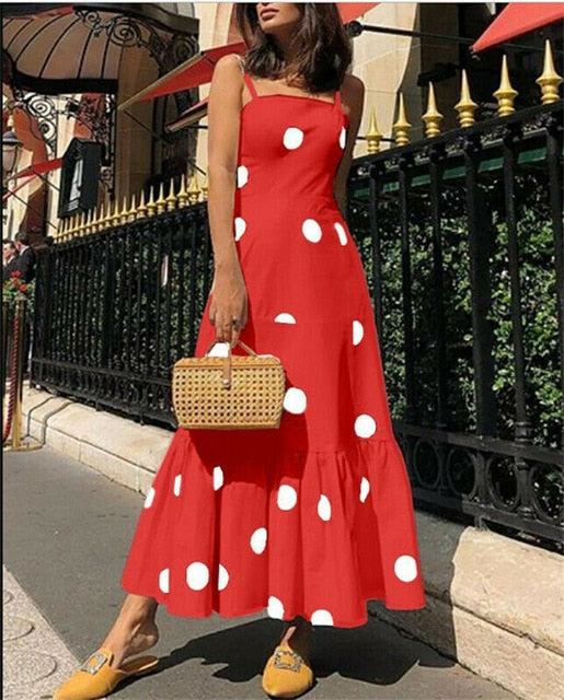 Hot Fashion Women's Summer Boho Polka Dot Strappy Long Evening Party Dress Women Sleeveless polka dot street wear Dress Sundress