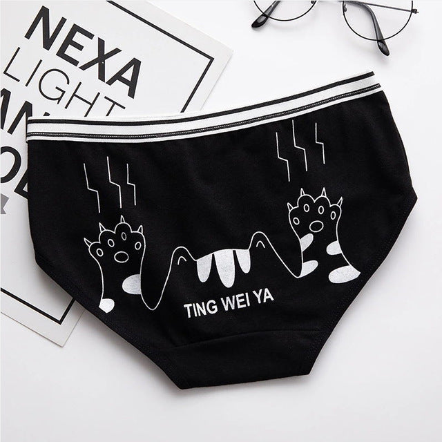 Simple Black And White Cute Cartoon Underwear Women's Mid-waist Bag Hip Breathable Underwear Women 100% Cotton