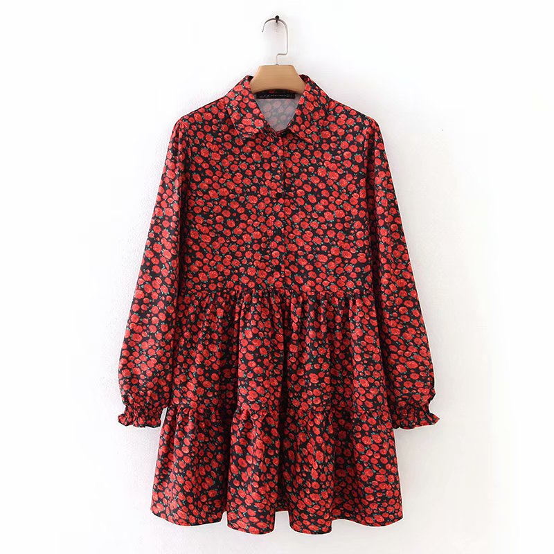 New women vintage pleats red flower print mini dress female long sleeve casual vestidos chic sweet ruffles chic dresses DS3045