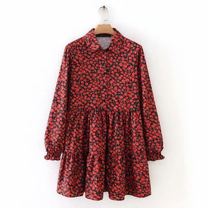 New women vintage pleats red flower print mini dress female long sleeve casual vestidos chic sweet ruffles chic dresses DS3045