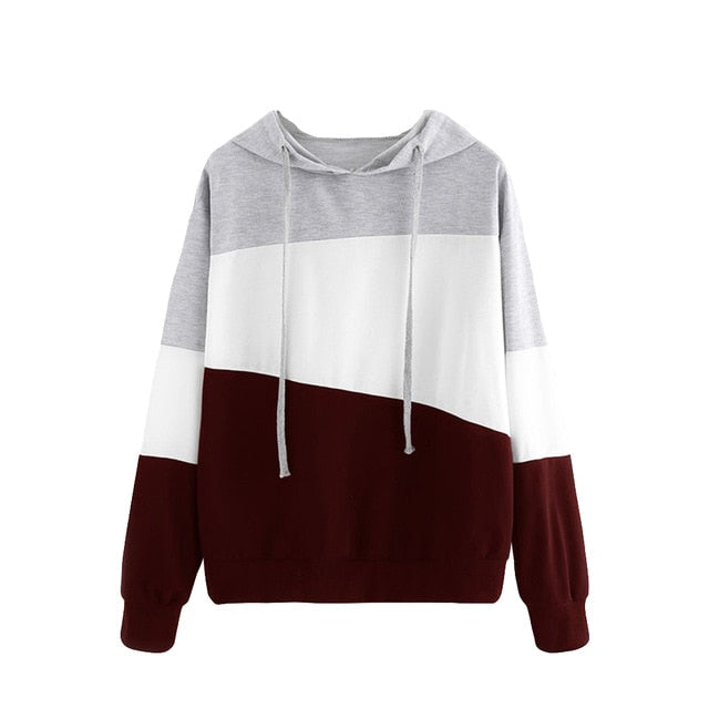 Women Hoodie Color Block Splicing Long Sleeve Hooded Casual Autumn Pullover Top