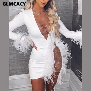 Women See Through Nightclub Dress Mesh Inserted Embellished Party Dress Sexy White Feather Mini Dress