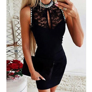 Hot Sale 2019 Fashion Women Patchwork Bodycon Dress Sexy  Club Party Sleevless Lace Dress O-Neck Solid Sexy Dress