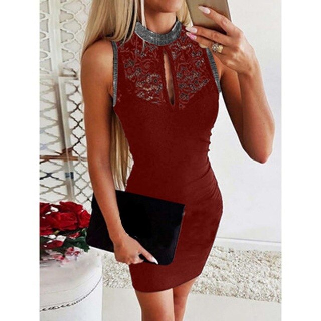 Hot Sale 2019 Fashion Women Patchwork Bodycon Dress Sexy  Club Party Sleevless Lace Dress O-Neck Solid Sexy Dress