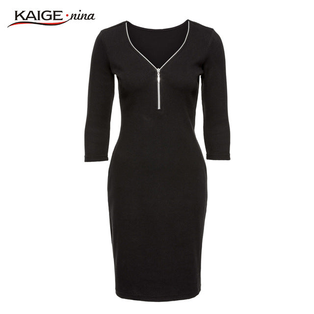 KaigeNina New Fashion Hot Sale Office Lady  Solid Natural V-Neck Knee-Length Half sleeve Sheath Women Dress 18009 a