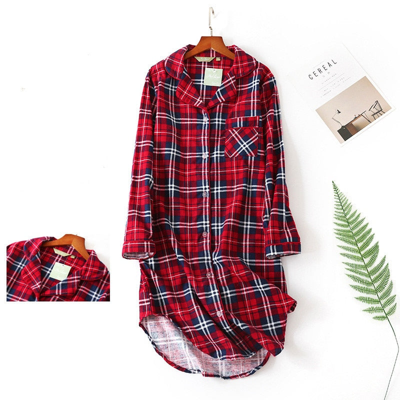 Shirt Sleepwear Women Sexy Plaid 100% Cotton Homewear Big Size   Long Sleeve V-Neck Nightdress Fashion Clothes Vintage Pjs