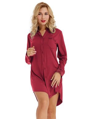 Zexxxy Women's Sleep shirts Dress Comfortable Long Sleeve Lapel sleepwear Button-down Solid color Nightdress Homewear Nightgown