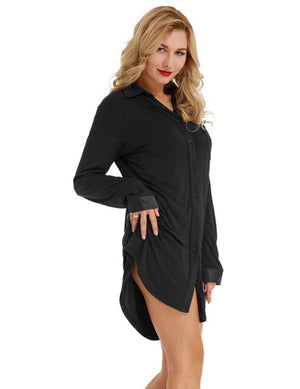 Zexxxy Women's Sleep shirts Dress Comfortable Long Sleeve Lapel sleepwear Button-down Solid color Nightdress Homewear Nightgown