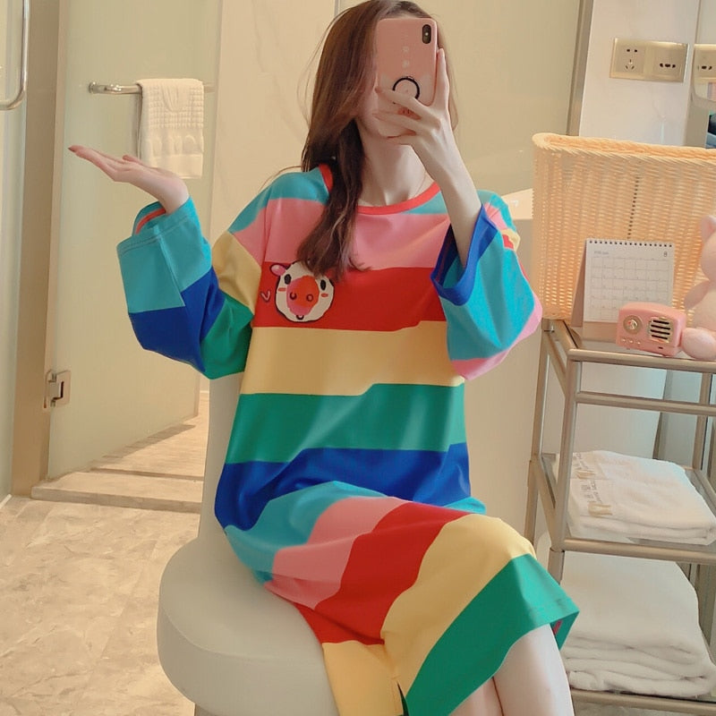 Large size cotton nightdress women Rainbow stripes sleep wearspring autumn nightgowns long sleeve sleep dress female nightshirt