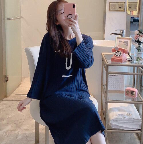 Large size cotton nightdress women Rainbow stripes sleep wearspring autumn nightgowns long sleeve sleep dress female nightshirt