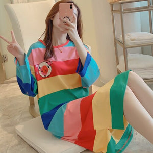 Large size cotton nightdress women Rainbow stripes sleep wearspring autumn nightgowns long sleeve sleep dress female nightshirt