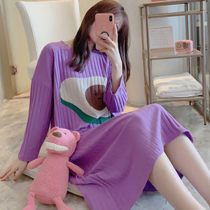 Large size cotton nightdress women Rainbow stripes sleep wearspring autumn nightgowns long sleeve sleep dress female nightshirt