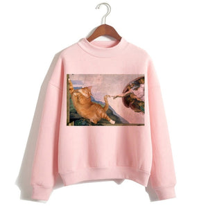 Cat Van Gogh Pink Hoodie Funny 2019 Women Cartoon Kawaii Hooded Harajuku Sweatshirt Print Female Clothing 90s Warm