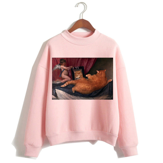 Cat Van Gogh Pink Hoodie Funny 2019 Women Cartoon Kawaii Hooded Harajuku Sweatshirt Print Female Clothing 90s Warm