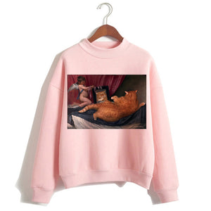 Cat Van Gogh Pink Hoodie Funny 2019 Women Cartoon Kawaii Hooded Harajuku Sweatshirt Print Female Clothing 90s Warm