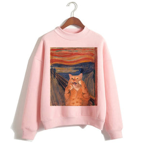 Cat Van Gogh Pink Hoodie Funny 2019 Women Cartoon Kawaii Hooded Harajuku Sweatshirt Print Female Clothing 90s Warm