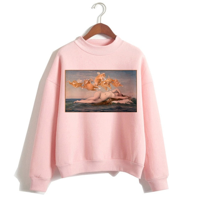 Cat Van Gogh Pink Hoodie Funny 2019 Women Cartoon Kawaii Hooded Harajuku Sweatshirt Print Female Clothing 90s Warm