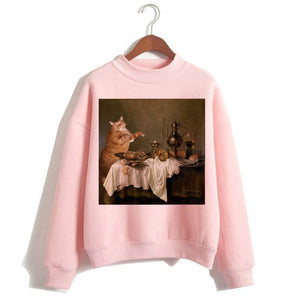 Cat Van Gogh Pink Hoodie Funny 2019 Women Cartoon Kawaii Hooded Harajuku Sweatshirt Print Female Clothing 90s Warm