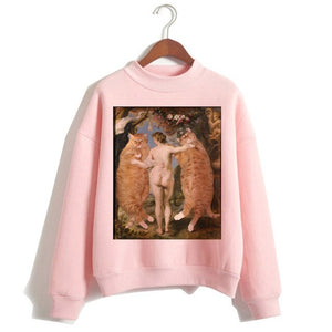 Cat Van Gogh Pink Hoodie Funny 2019 Women Cartoon Kawaii Hooded Harajuku Sweatshirt Print Female Clothing 90s Warm