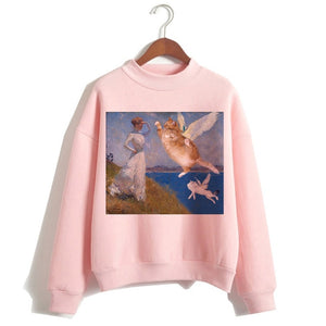 Cat Van Gogh Pink Hoodie Funny 2019 Women Cartoon Kawaii Hooded Harajuku Sweatshirt Print Female Clothing 90s Warm