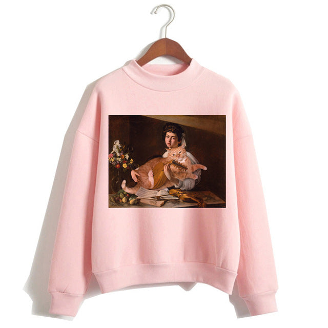 Cat Van Gogh Pink Hoodie Funny 2019 Women Cartoon Kawaii Hooded Harajuku Sweatshirt Print Female Clothing 90s Warm