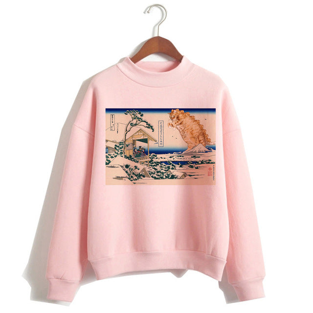 Cat Van Gogh Pink Hoodie Funny 2019 Women Cartoon Kawaii Hooded Harajuku Sweatshirt Print Female Clothing 90s Warm